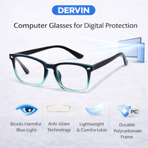 Dervin Blue Light Blocking Glasses Gaming Filter Transparent Square Eyeglasses for Eye Protection Men Women, Computer/Tablet/Laptop/Mobile/TV, Anti-blue & Anti eyestrain (Blue Green) - Image 3