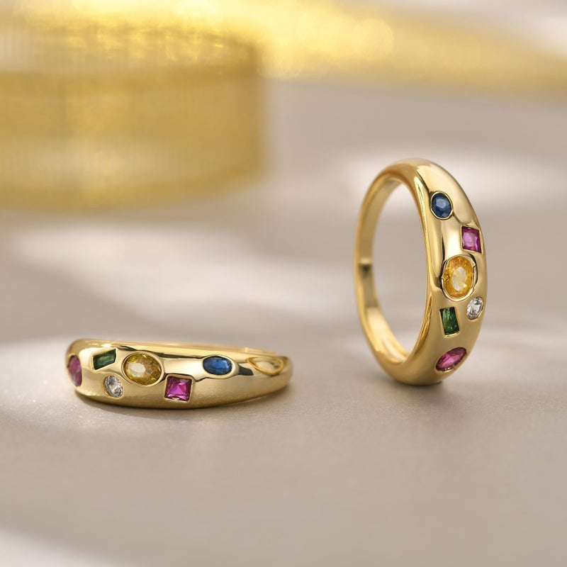 AllenCOCO Dome Gemstone Rings for Women, 14K Gold Filled Chunky Gold Statement Ring for Women Gifts - Image 3