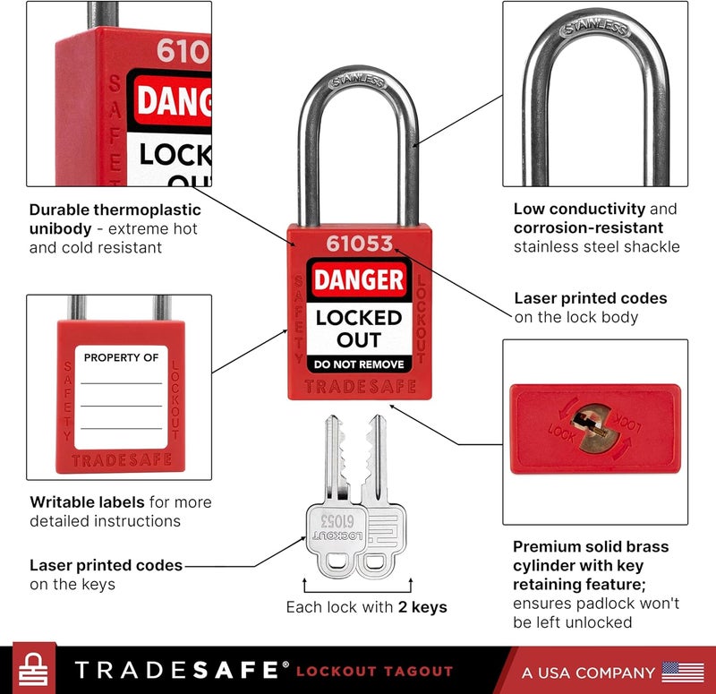 TRADESAFE Lockout Tagout Locks Set - 7 Red Keyed Alike Padlocks, 2 Keys Per Lock, OSHA Compliant Loto Locks for Lock Out Tag Out Stations, Premium Grade - Image 5