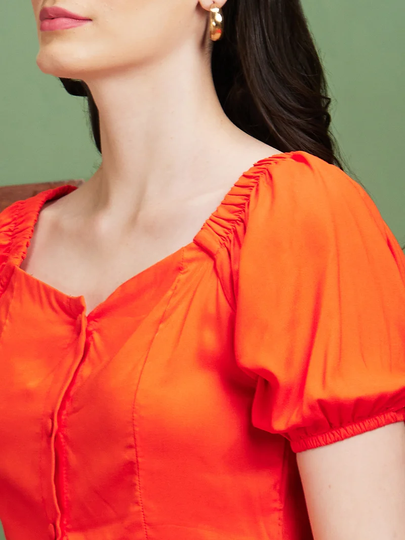 globus Women Orange Square Neck Woven Puff Sleeve Top