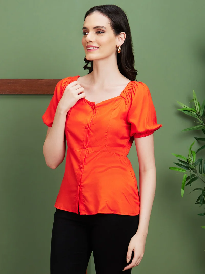globus Women Orange Square Neck Woven Puff Sleeve Top