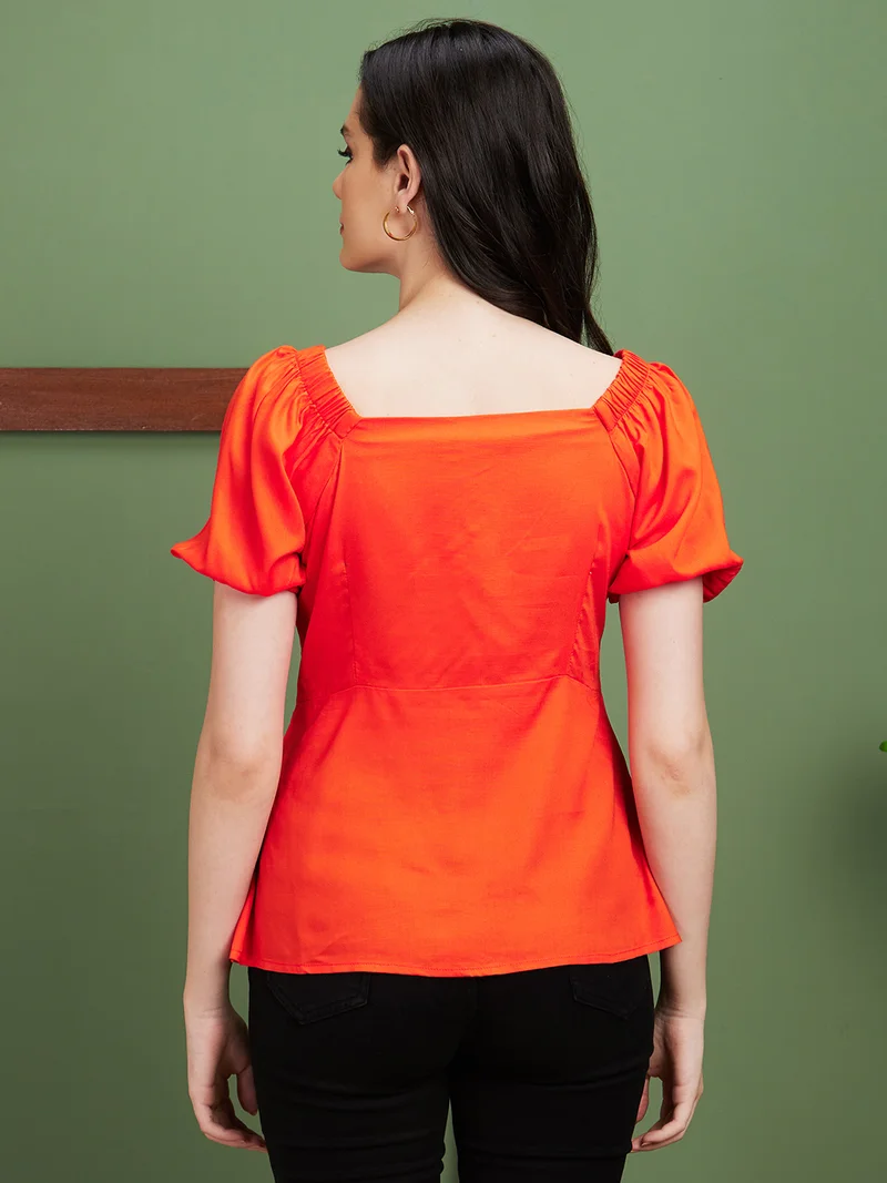 globus Women Orange Square Neck Woven Puff Sleeve Top