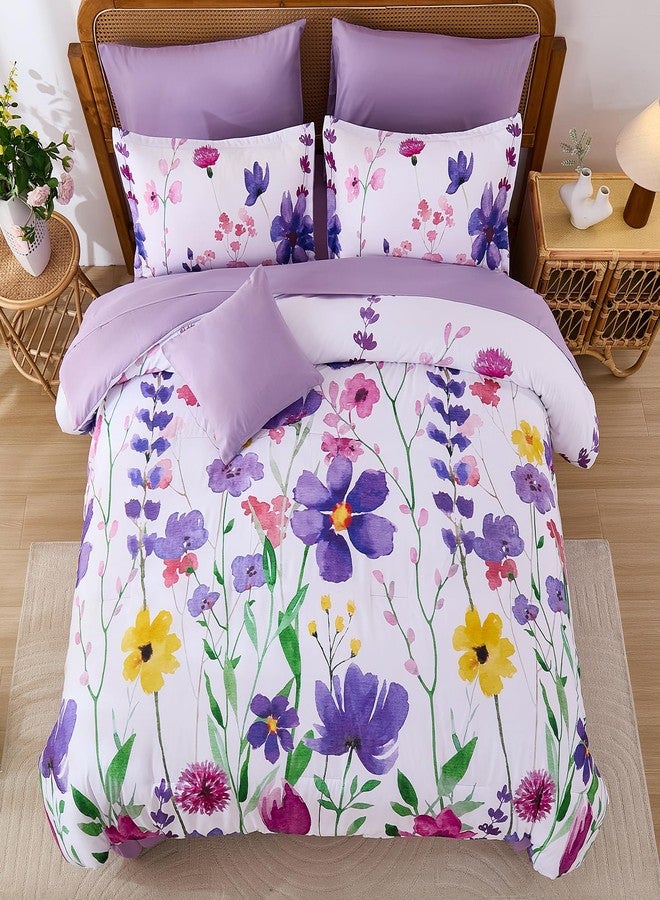 Anibedding Annibedding Purple Floral Comforter Set Queen, 8 Pieces Botanical Flowers Bed in a Bag Reversible Comforter Set with Sheets, Soft Microfiber Complete Bedding Set for All Season(90"x90") - Image 3
