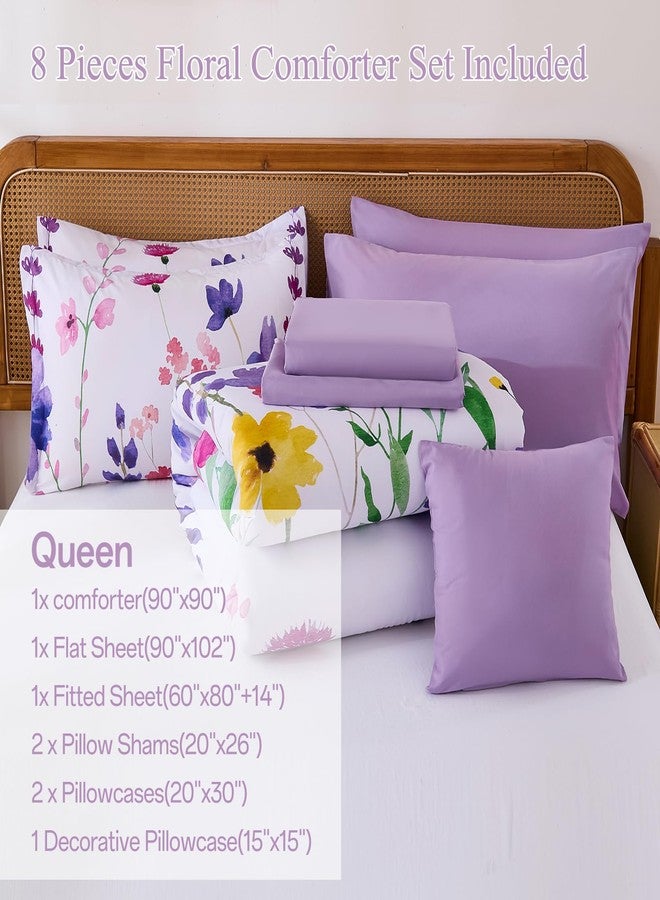 Anibedding Annibedding Purple Floral Comforter Set Queen, 8 Pieces Botanical Flowers Bed in a Bag Reversible Comforter Set with Sheets, Soft Microfiber Complete Bedding Set for All Season(90"x90") - Image 4