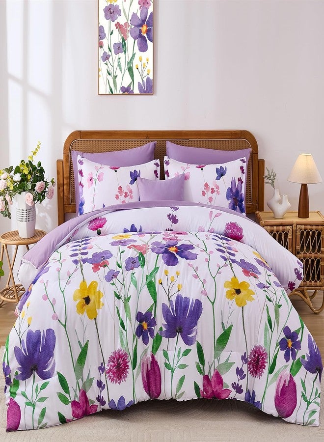 Anibedding Annibedding Purple Floral Comforter Set Queen, 8 Pieces Botanical Flowers Bed in a Bag Reversible Comforter Set with Sheets, Soft Microfiber Complete Bedding Set for All Season(90"x90") - Image 1