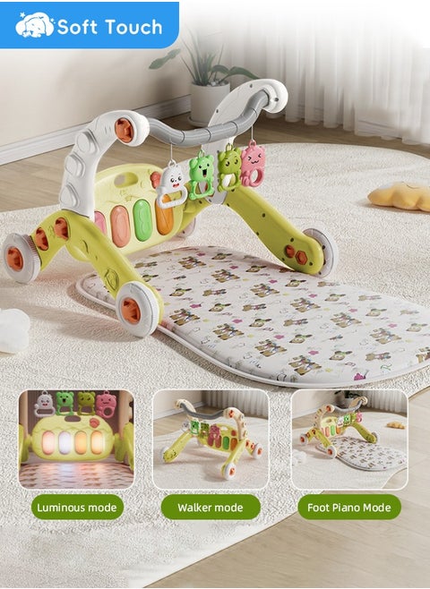 3 In 1 Baby Gym Play Mat Toddler Learning Walker Baby Activity Mat with Play Piano Musical Activity Center with Lights Baby Push Walkers and Tummy Time Mat for Baby 0-36 Months