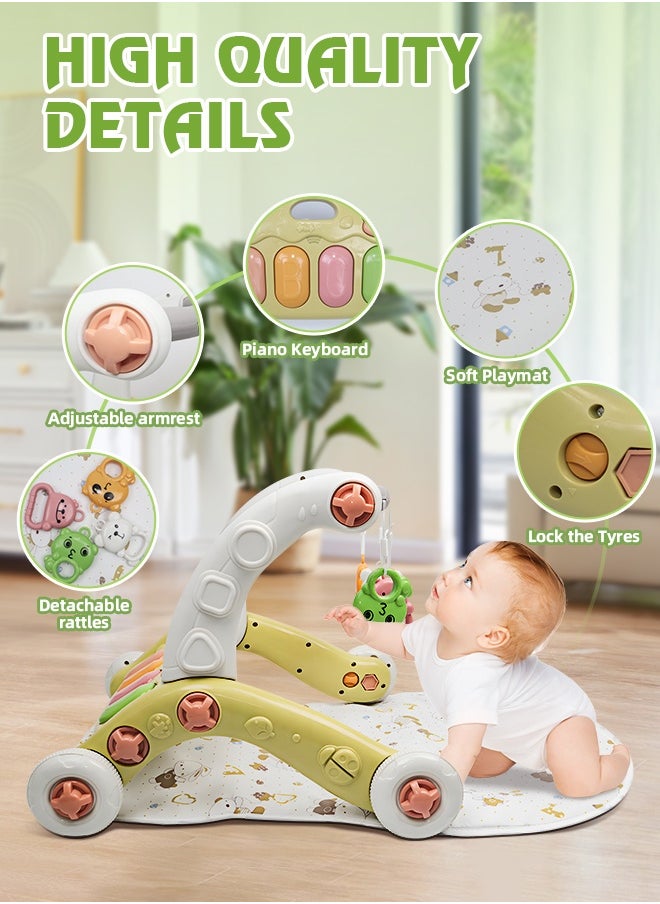 3 In 1 Baby Gym Play Mat Toddler Learning Walker Baby Activity Mat with Play Piano Musical Activity Center with Lights Baby Push Walkers and Tummy Time Mat for Baby 0-36 Months