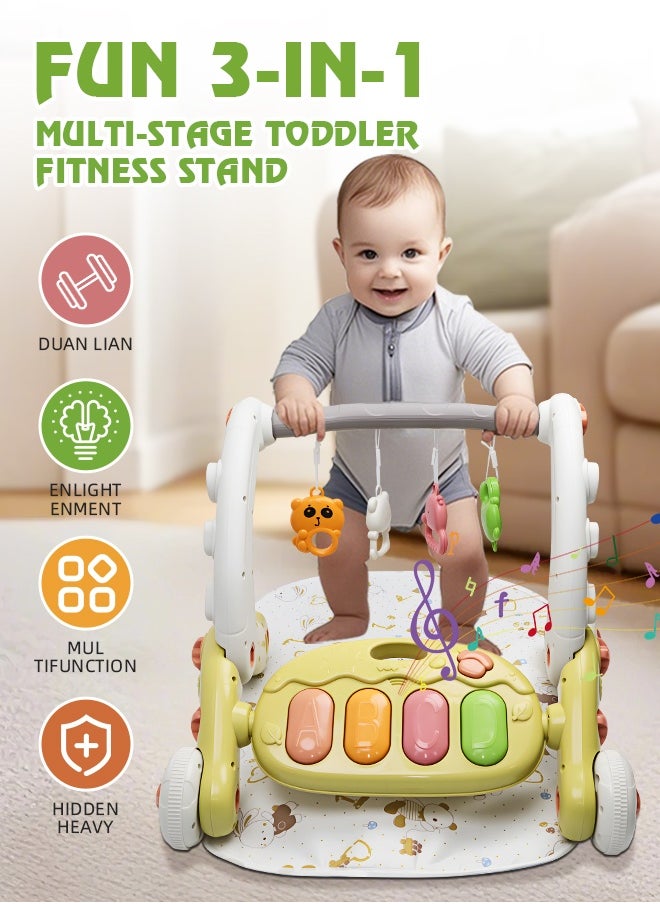 3 In 1 Baby Gym Play Mat Toddler Learning Walker Baby Activity Mat with Play Piano Musical Activity Center with Lights Baby Push Walkers and Tummy Time Mat for Baby 0-36 Months