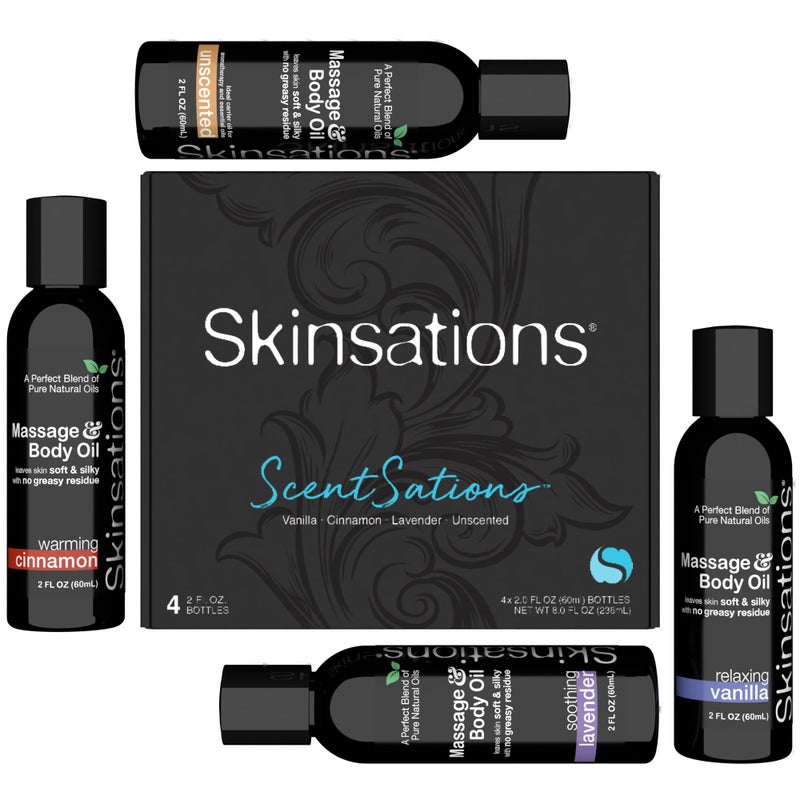 Skinsations Massage Oil Kit Set of 4 Natural Scents of Vanilla Cinnamon Lavender Blend of Sweet Almond Oil Fractionated Coconut Oil Grapeseed Oil Jojoba Oil Travel Size