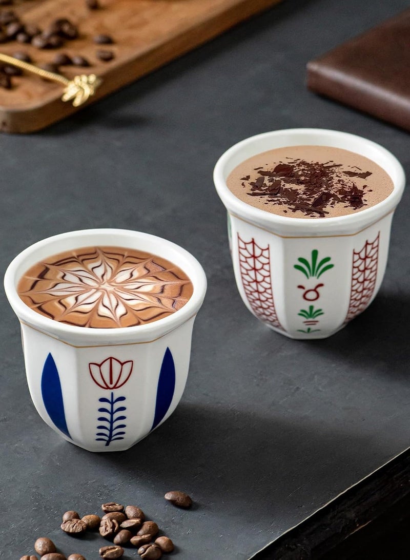 ELLEGLAM 2pcs Arabian Coffee Cup Set 250ml with Lid – Elegant Floral & Palm Tree Design, Reusable Ceramic Mug for Arabic Coffee, Tea & Home Décor, Gift-Ready Durable Cup Set (Green & Red) - Image 1