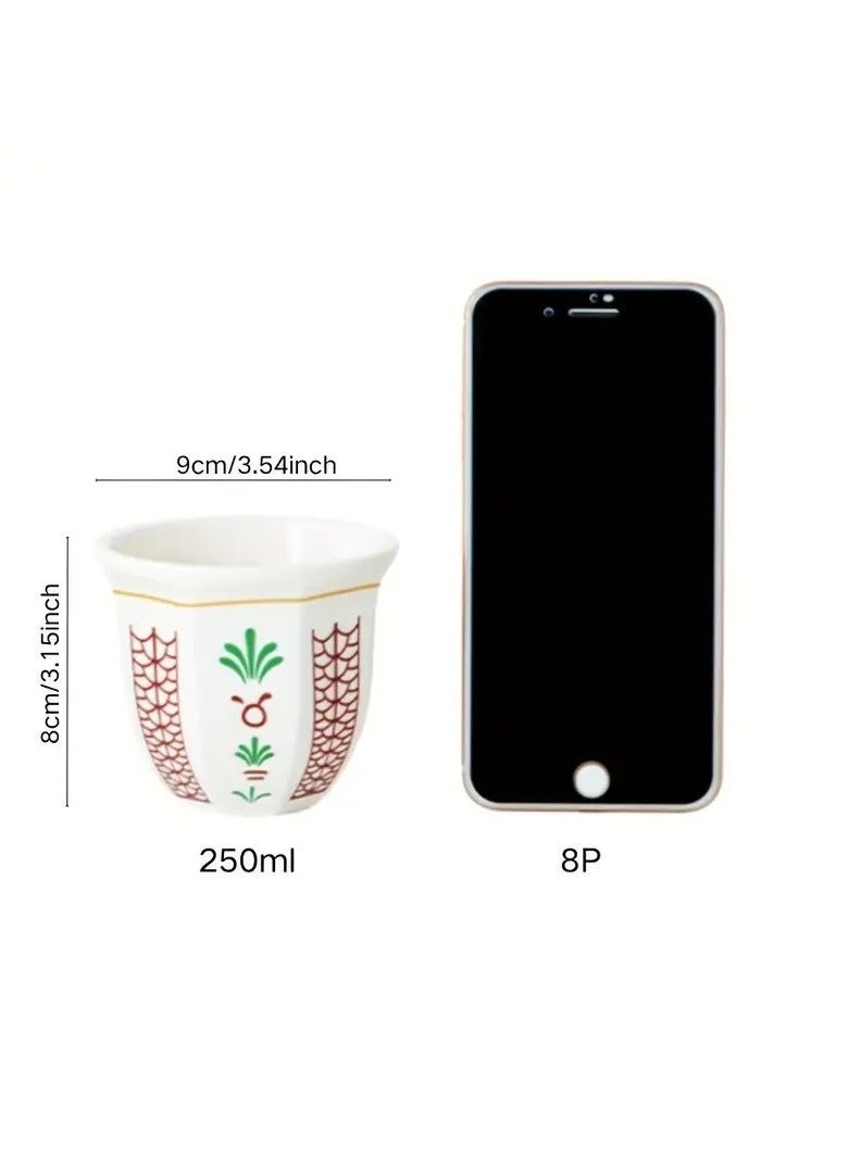 ELLEGLAM 2pcs Arabian Coffee Cup Set 250ml with Lid – Elegant Floral & Palm Tree Design, Reusable Ceramic Mug for Arabic Coffee, Tea & Home Décor, Gift-Ready Durable Cup Set (Green & Red) - Image 3