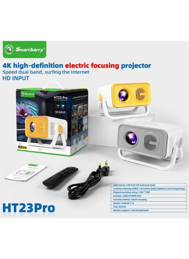 Smartberry HT23 4K High-definition Electric Focusing 5G Dual Band Speed,HD Input WiFi Bluetooth Projector Android 11.0 Home Theater, Movies,Video Gaming, Office Work Meetings Projector