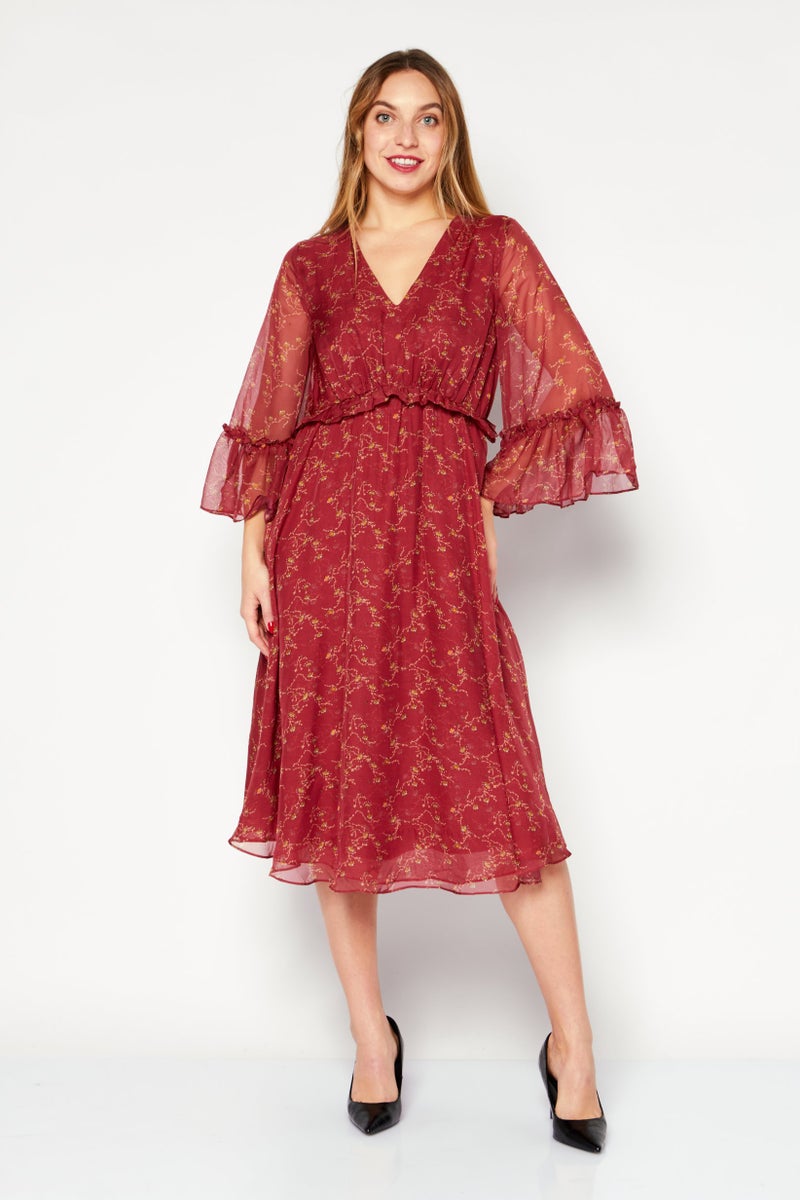 VERO MODA فستان ميدي بفتحة على شكل حرف V بطبعة شاملة للنساء، مجموعة حمراء - Image 1