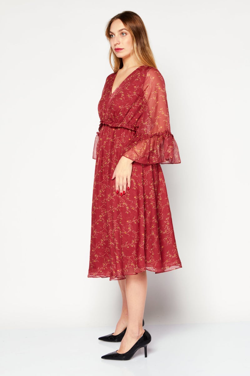 VERO MODA فستان ميدي بفتحة على شكل حرف V بطبعة شاملة للنساء، مجموعة حمراء - Image 3