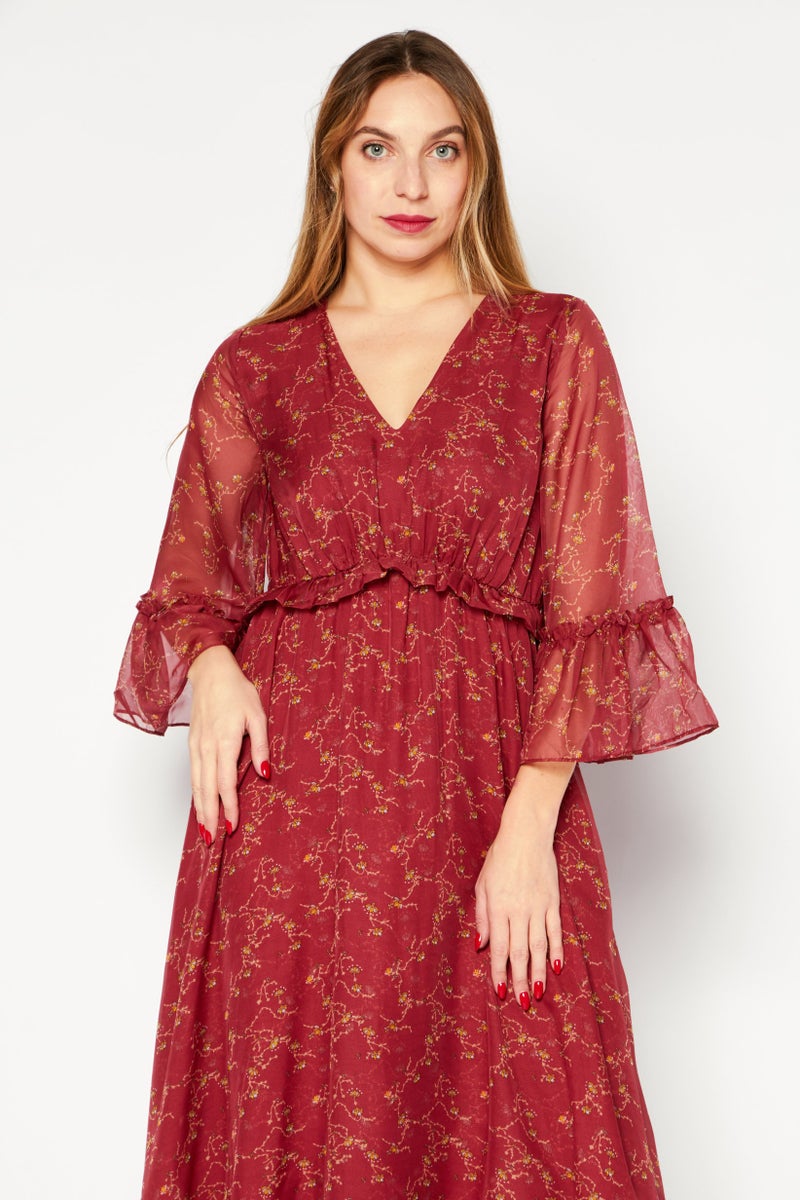 VERO MODA فستان ميدي بفتحة على شكل حرف V بطبعة شاملة للنساء، مجموعة حمراء - Image 4