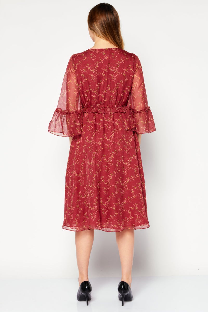 VERO MODA فستان ميدي بفتحة على شكل حرف V بطبعة شاملة للنساء، مجموعة حمراء - Image 2