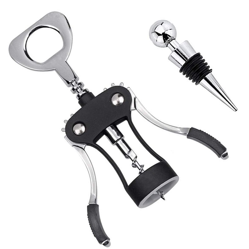 Foho Wine Opener Multifunctional Wing Corkscrew Wine Bottle Opener for all Cork Stoppered and Beer Cap Bottles Luxury Waiter Corkscrew with Stopper Set for Wine Enthusiast Waiters Black