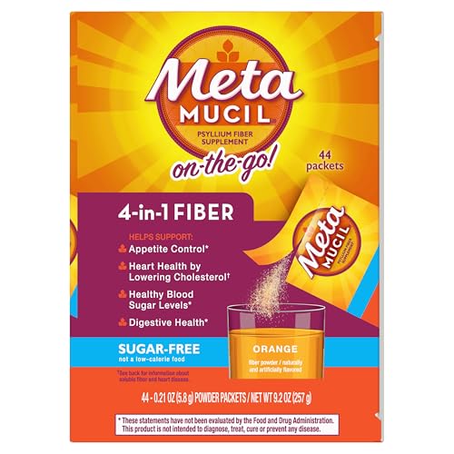 Metamucil OnTheGo Daily Psyllium Husk Powder Supplement SugarFree Powder 4in1 Fiber for Digestive Health Orange Flavored Drink 44 Packets