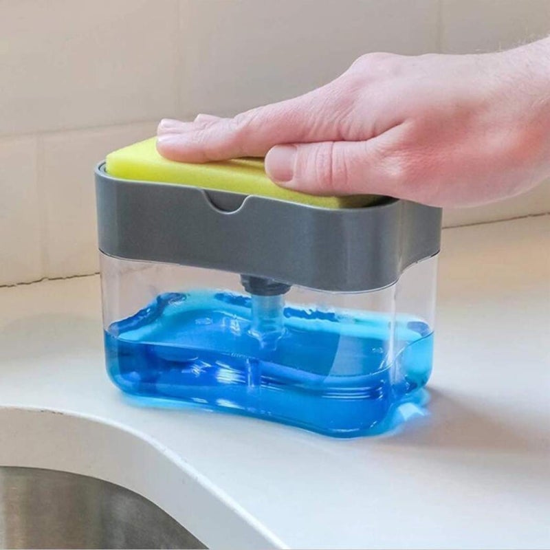 House of Quirk 2-in-1 Sponge Box with Soap Dispenser Double Layer Kitchen Plastic Soap Dispenser Sponge Scrubber Holder (Transprent) - Image 1