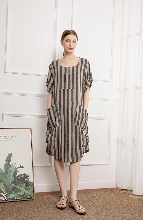 Minibee Women's Ruffle Oversize Casual Midi Dresses with Pockets Style 2 Black Stripe L - Image 2
