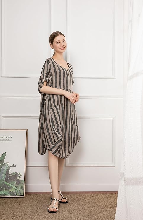 Minibee Women's Ruffle Oversize Casual Midi Dresses with Pockets Style 2 Black Stripe L - Image 4