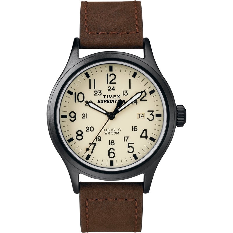 Timex Men's Expedition Scout 40mm Watch â€“ Cream Dial Black Case & Brown Leather Strap - Image 1