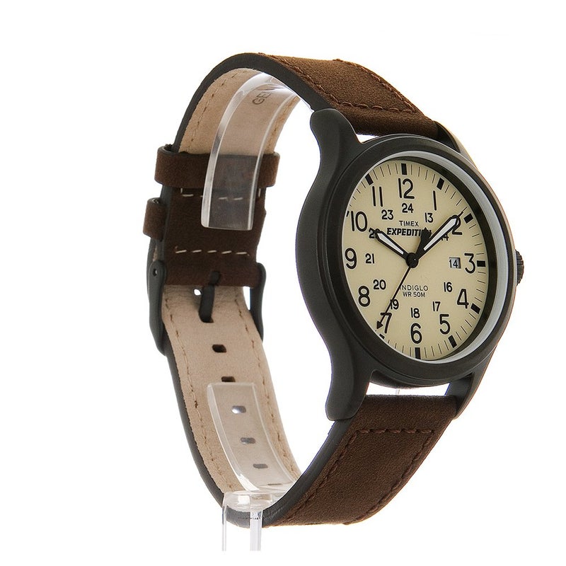 Timex Men's Expedition Scout 40mm Watch â€“ Cream Dial Black Case & Brown Leather Strap - Image 4