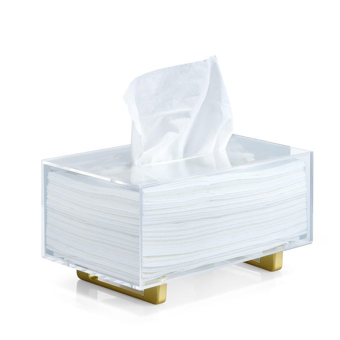 THICK ACRYLIC TISSUE BOX HOLDER RECTANGULAR CLEAR TISSUE BOX DISPENSER WITH GOLD PLATED ALUMINUM LEGS FOR BATHROOM KITCHEN BEDROOM OFFICE HOTELS AND RESTAURANT