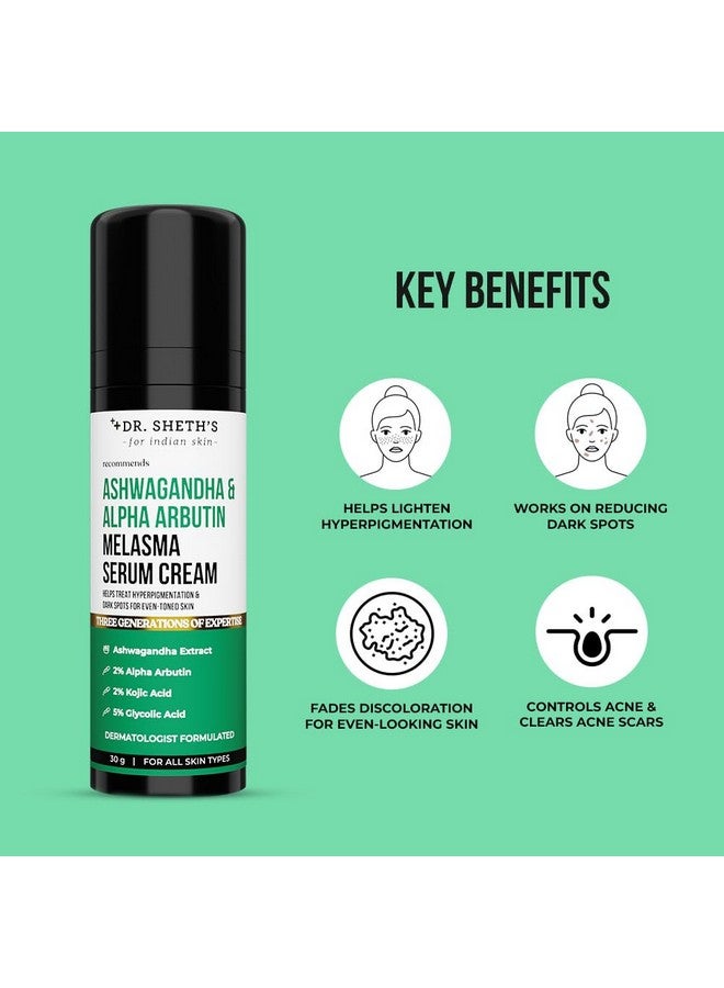 Dr. Sheth's Ashwagandha & Alpha Arbutin Melasma Serum Cream- 30G |For Hyperpigmentation, Dark Spots & Sun Damage|Even Toned & Blemish Free Skin|Enriched With Glycolic Acid, Kojic Acid & Niacinamide - Image 3
