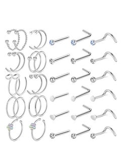 36 PCS Stainless Steel Nose Rings Set for Women & Men - Studs, Hoops, Heart & Opal Designs, 20G Piercings Jewelry