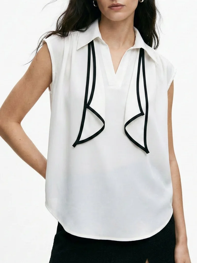 Outzidr  Off White Sleeveless Tie-Neck Blouse for Women | Best Price UAE