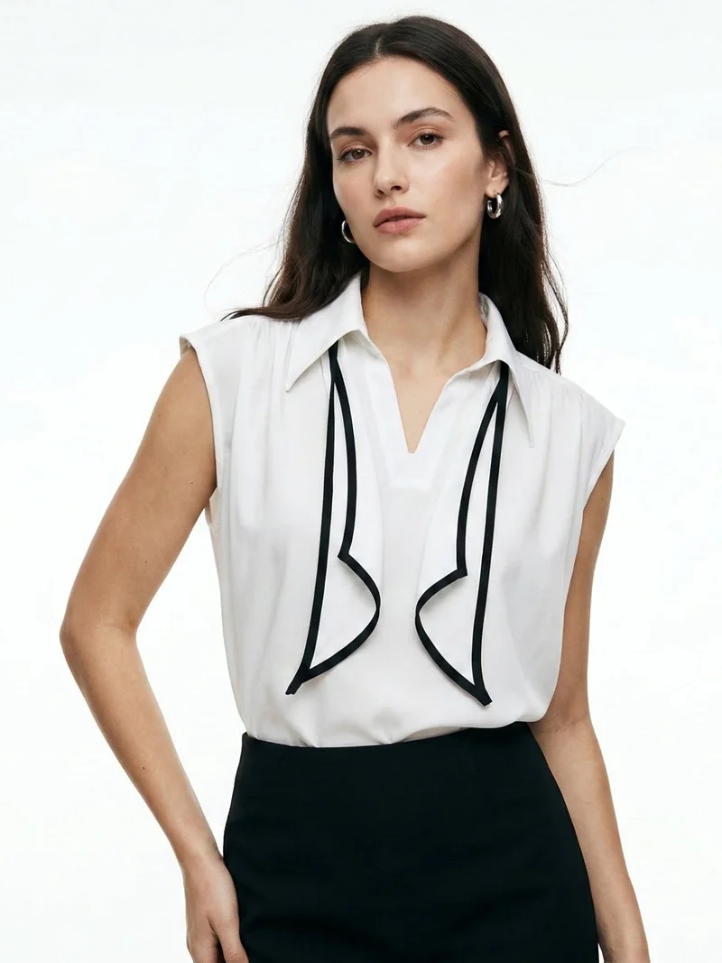 Outzidr Off White Sleeveless Tie-Neck Blouse