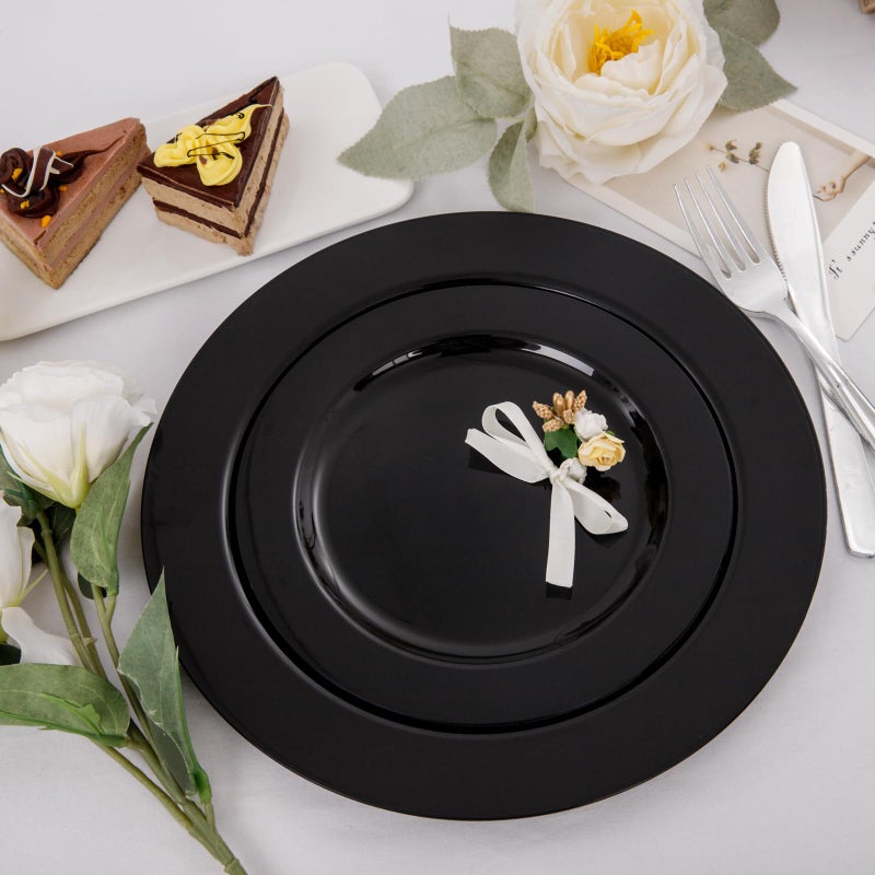 FLOWERCAT 60PCS Black Plastic Plates - Heavy Duty Black Disposable Plates for 30 guests Halloween Party/Wedding/New Year - Include 30PCS 10.25inch Dinner Plates and 30PCS 7.5inch Dessert Plates - Image 3