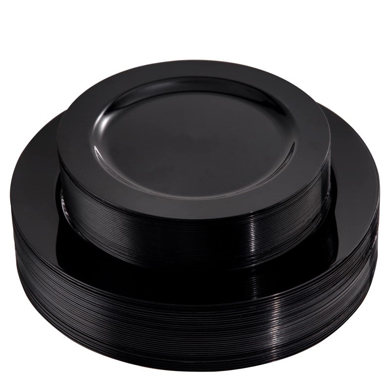 FLOWERCAT 60PCS Black Plastic Plates - Heavy Duty Black Disposable Plates for 30 guests Halloween Party/Wedding/New Year - Include 30PCS 10.25inch Dinner Plates and 30PCS 7.5inch Dessert Plates - Image 1