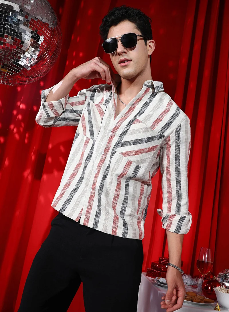 Campus Sutra Campus Sutra Men's Multicolour Indie-Striped Utility Shirt For Casual Wear | Spread Collar | Long Cuffed Sleeves | Button Closure | Shirt Crafted With Comfort Fit For Everyday Wear