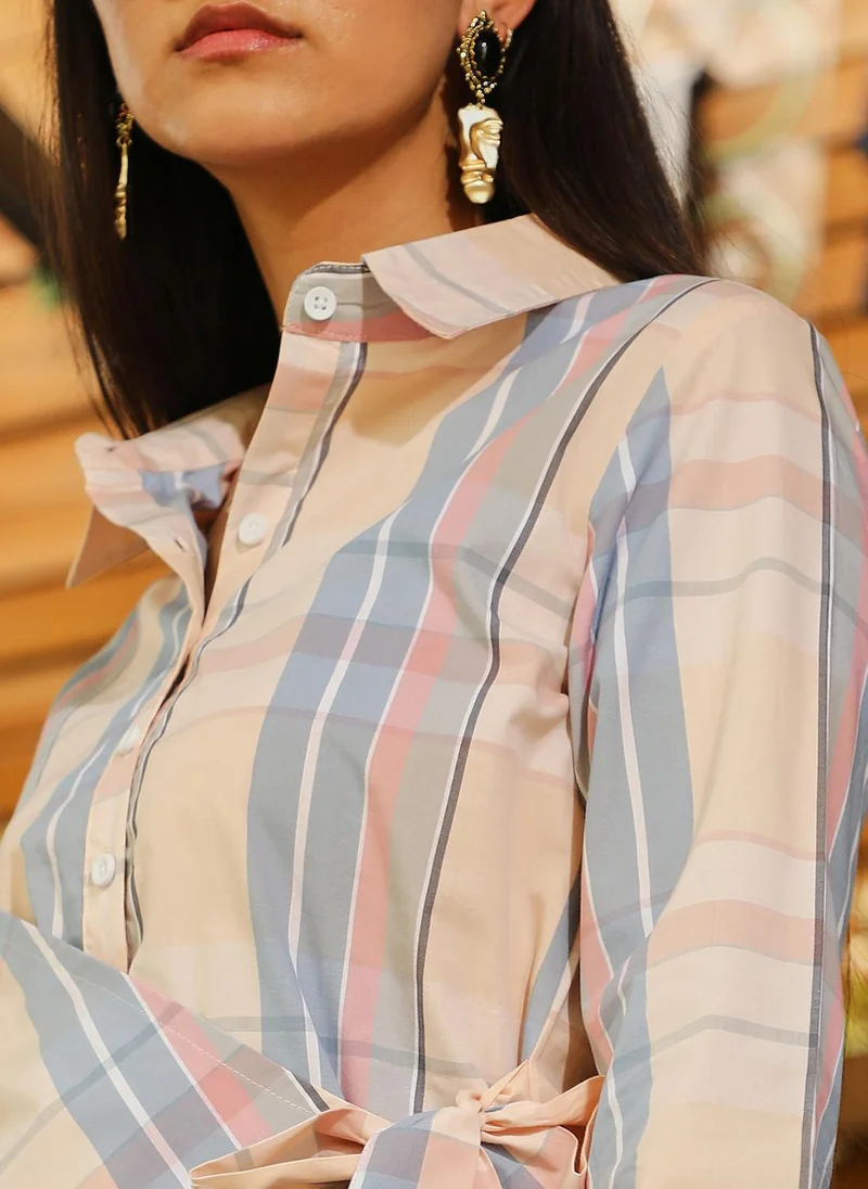 Pinacolada  Women's Peach Orange & Icy Blue Tartan Wrap Shirt Dress for Women | Best Price UAE