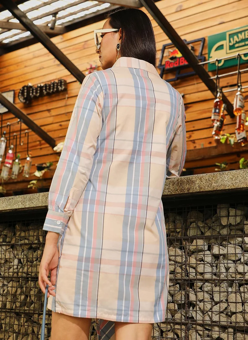 Pinacolada  Women's Peach Orange & Icy Blue Tartan Wrap Shirt Dress for Women | Best Price UAE