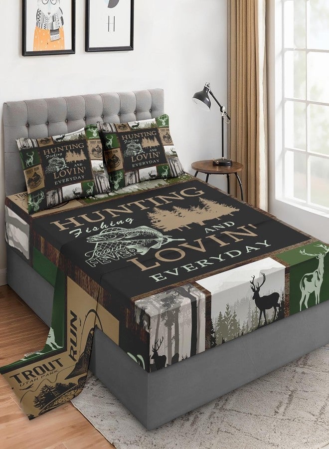 WeCozy 4 Pieces Queen Size Bed Sheet Sets with Pillowcases, Deer Animal Tree Soft Microfiber Bedding Set for Kids and Adults, Mountains Gray Flat Fitted Sheet for Bedroom Bed Decor - Image 1