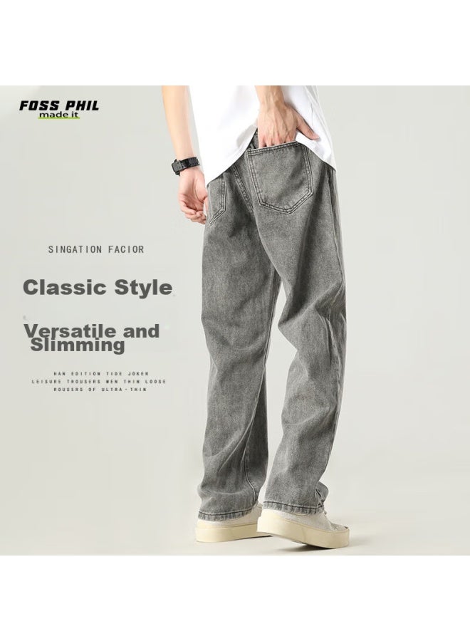 Foss Phil Men's Jeans, Spring And Summer, Loose Straight-leg, Versatile, Trendy, Wide-leg, American Casual Pants Gray, 3XL - Image 1