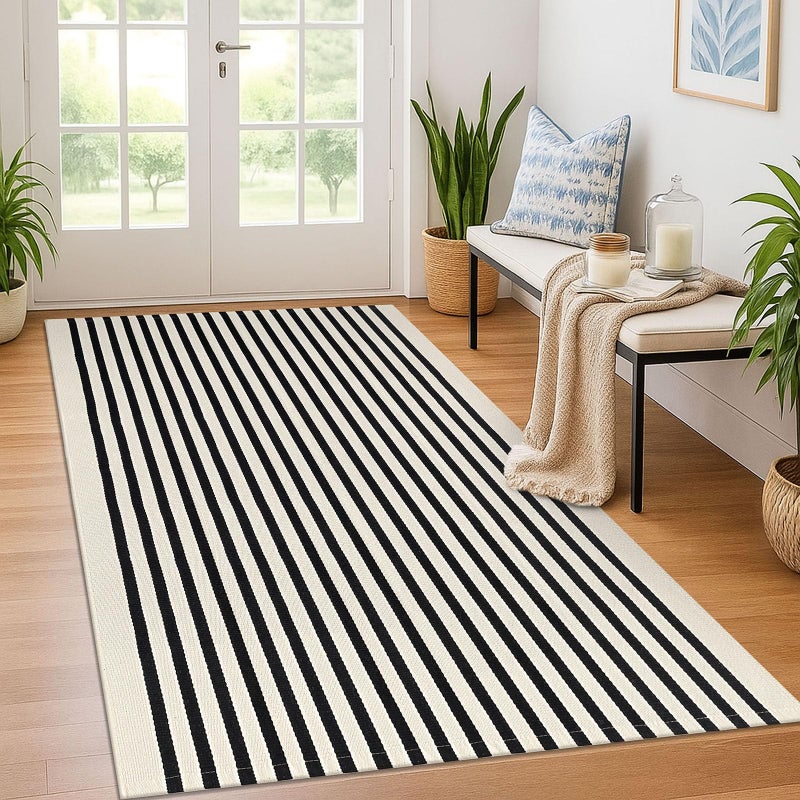 KOZYFLY Black and Beige Striped Rug 4x6 Ft Area Rug Washable Indoor Outdoor Rug Cotton Door Mat for Double Front Door Entryway Patio Porch Living Room Carpet - Image 1
