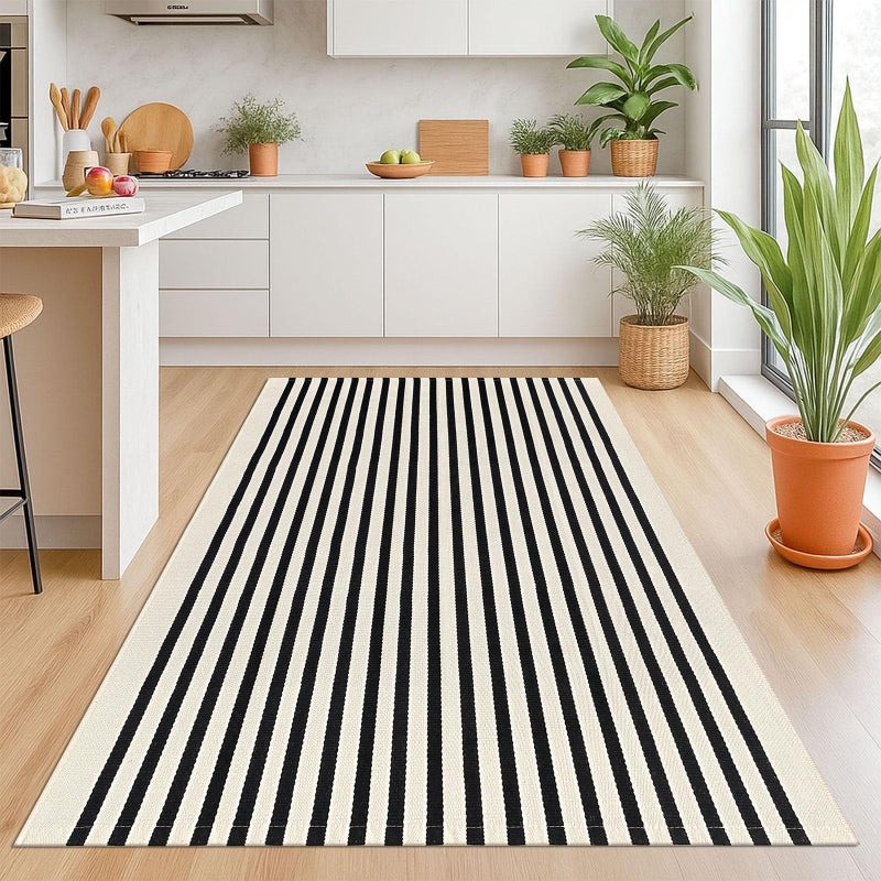 KOZYFLY Black and Beige Striped Rug 4x6 Ft Area Rug Washable Indoor Outdoor Rug Cotton Door Mat for Double Front Door Entryway Patio Porch Living Room Carpet - Image 3