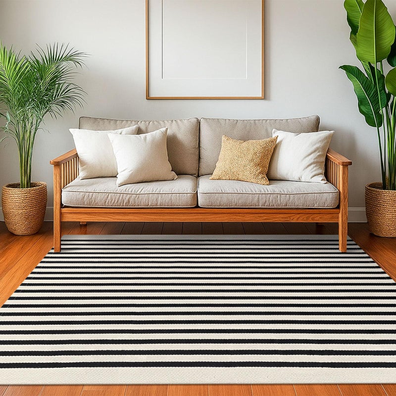 KOZYFLY Black and Beige Striped Rug 4x6 Ft Area Rug Washable Indoor Outdoor Rug Cotton Door Mat for Double Front Door Entryway Patio Porch Living Room Carpet - Image 2