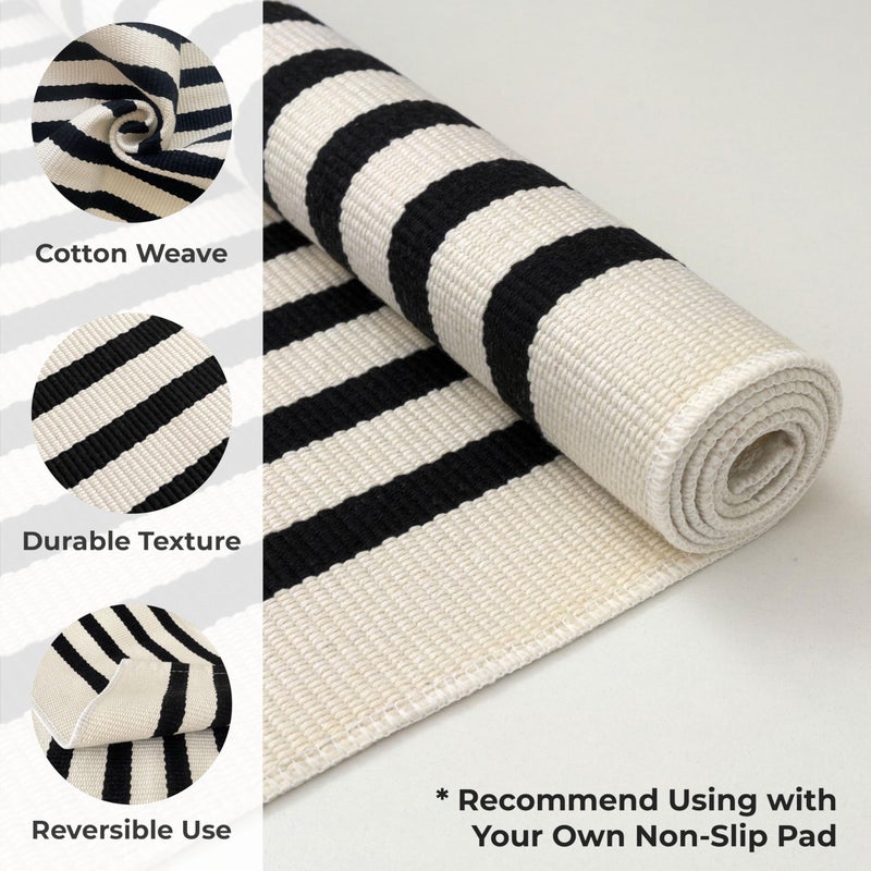 KOZYFLY Black and Beige Striped Rug 4x6 Ft Area Rug Washable Indoor Outdoor Rug Cotton Door Mat for Double Front Door Entryway Patio Porch Living Room Carpet - Image 4