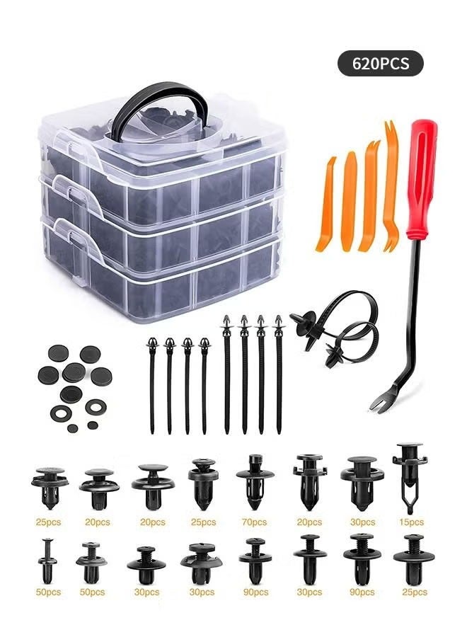 620 PCs Car Retainer Clips & Plastic Fasteners Kit, 16 Most Popular Sizes Nylon Bumper Fender Rivets with 10 Cable Ties， Fasteners Remover and Sound Insulation Cotton for Car - Image 1