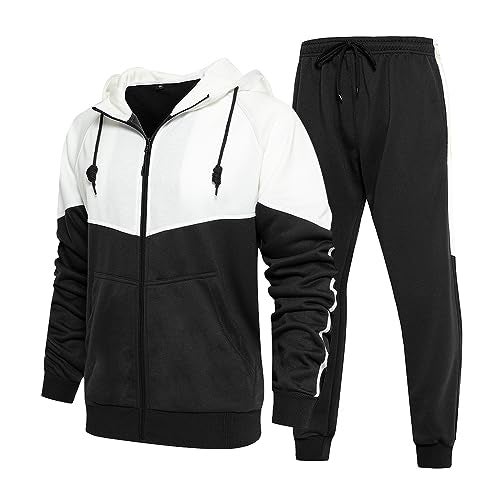 DUOFIER Men's Tracksuit Athletic Full Zip Casual Sports Jogging Gym Sweatsuit, Black+White-XL - Image 1