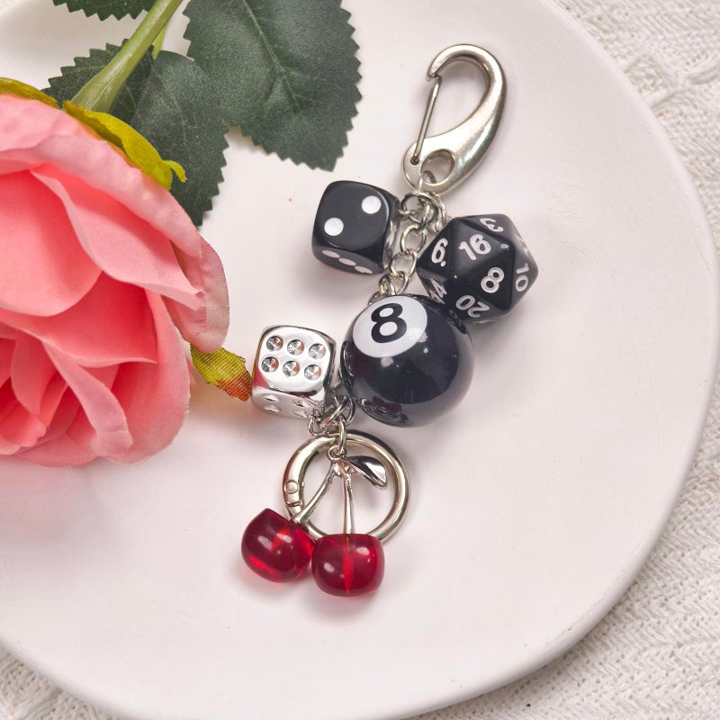 Nalefow Y2K Keychain for Women, 8 Ball Dice Charm with Carabiner Clip - Cute Goth Core Keychain Bag Charm for Keys Bags Jeans (Black Dice Red Cherry) - Image 2