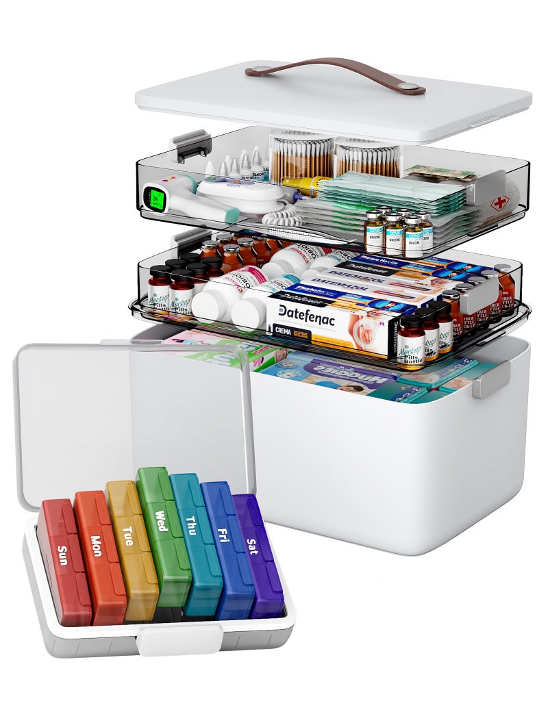 CTIME 3-Tier Medicine Organizer with Pill Case - Portable Pill Case & Empty First Aid Kit for Home, Travel, RV, School, Dorm, Ideal Elderly, Father Gift - Image 1