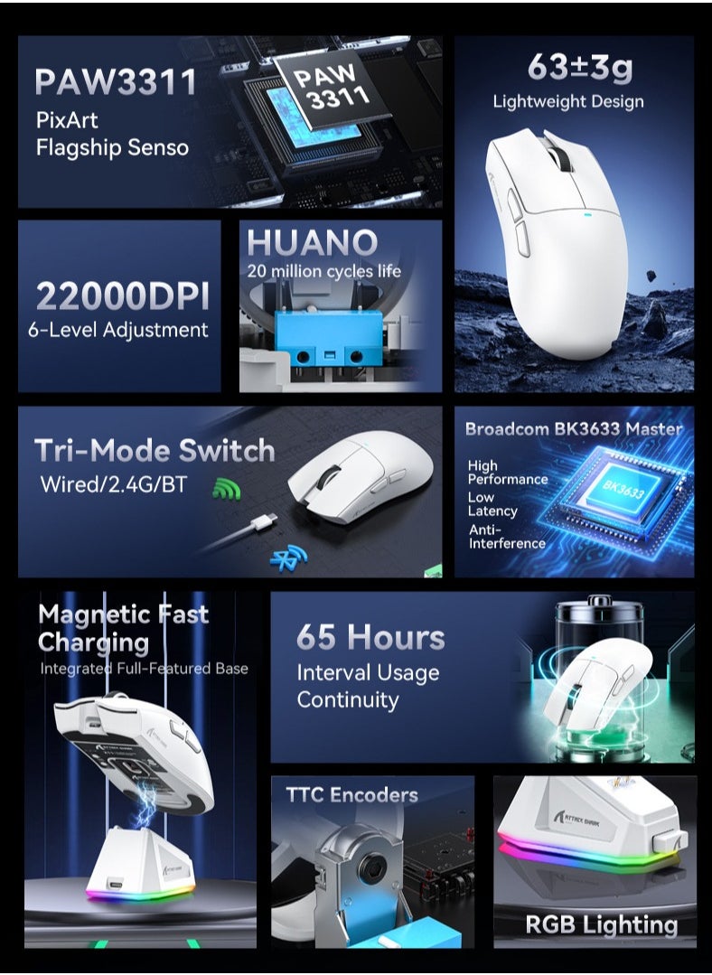 Attack Shark ATTACK SHARK X11 Tri-Mode Gaming Mouse - Wired, 2.4GHz Wireless, Bluetooth - 22000 DPI PixArt PAW3311 Sensor - RGB Backlight - Magnetic Charging Dock - Lightweight & Ergonomic Design - For PC, Laptop, Mac, Xbox, PS (White)  - Image 4