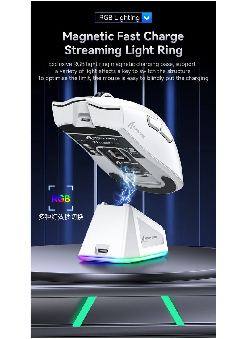 Attack Shark - ATTACK SHARK X11 Tri-Mode Gaming Mouse - Wired, 2.4GHz Wireless, Bluetooth - 22000 DPI PixArt PAW3311 Sensor - RGB Backlight - Magnetic Charging Dock - Lightweight & Ergonomic Design - For PC, Laptop, Mac, Xbox, PS (White) - Image 1