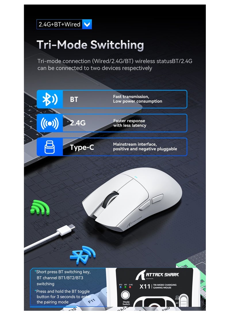 Attack Shark - ATTACK SHARK X11 Tri-Mode Gaming Mouse - Wired, 2.4GHz Wireless, Bluetooth - 22000 DPI PixArt PAW3311 Sensor - RGB Backlight - Magnetic Charging Dock - Lightweight & Ergonomic Design - For PC, Laptop, Mac, Xbox, PS (White) - Image 1